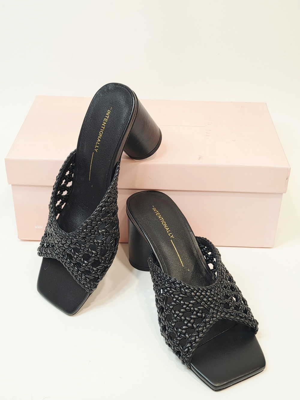 INTENTIONALLY BLANK Cassandra Black Woven Square-Toe Block Heel Mule Sandals